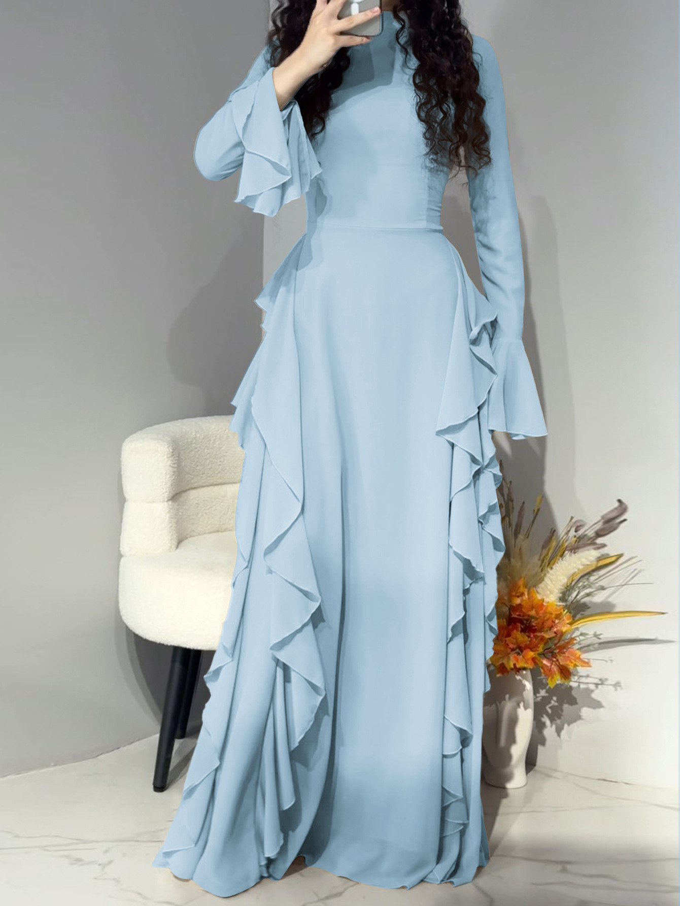 Elegant Midi Women's Dress Elegant Casual High Waisted Solid Color Design Flared Sleeves Dress - detail 4