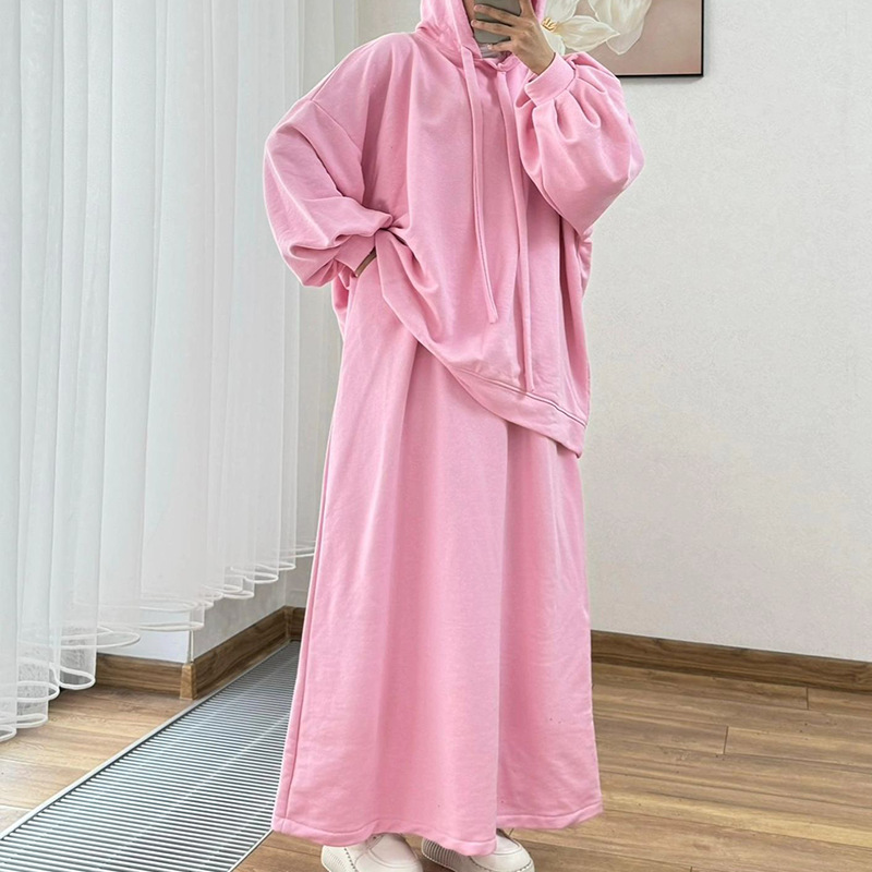 Arab Women's Set Two Pieces Suit Long Sleeve Hooded Tops Loose High Waist Skirt with Pocket Dubai Casual Clothing - detail 9