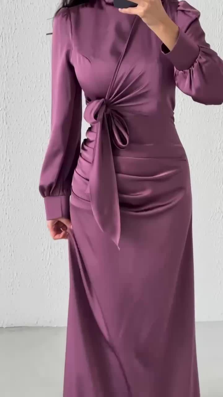 Dress Women Autumn Fashion Solid Color Satin Dress Women High Neck Long Sleeve High Waist Tie Up Elegant Slim Maxi Dress - detail 6