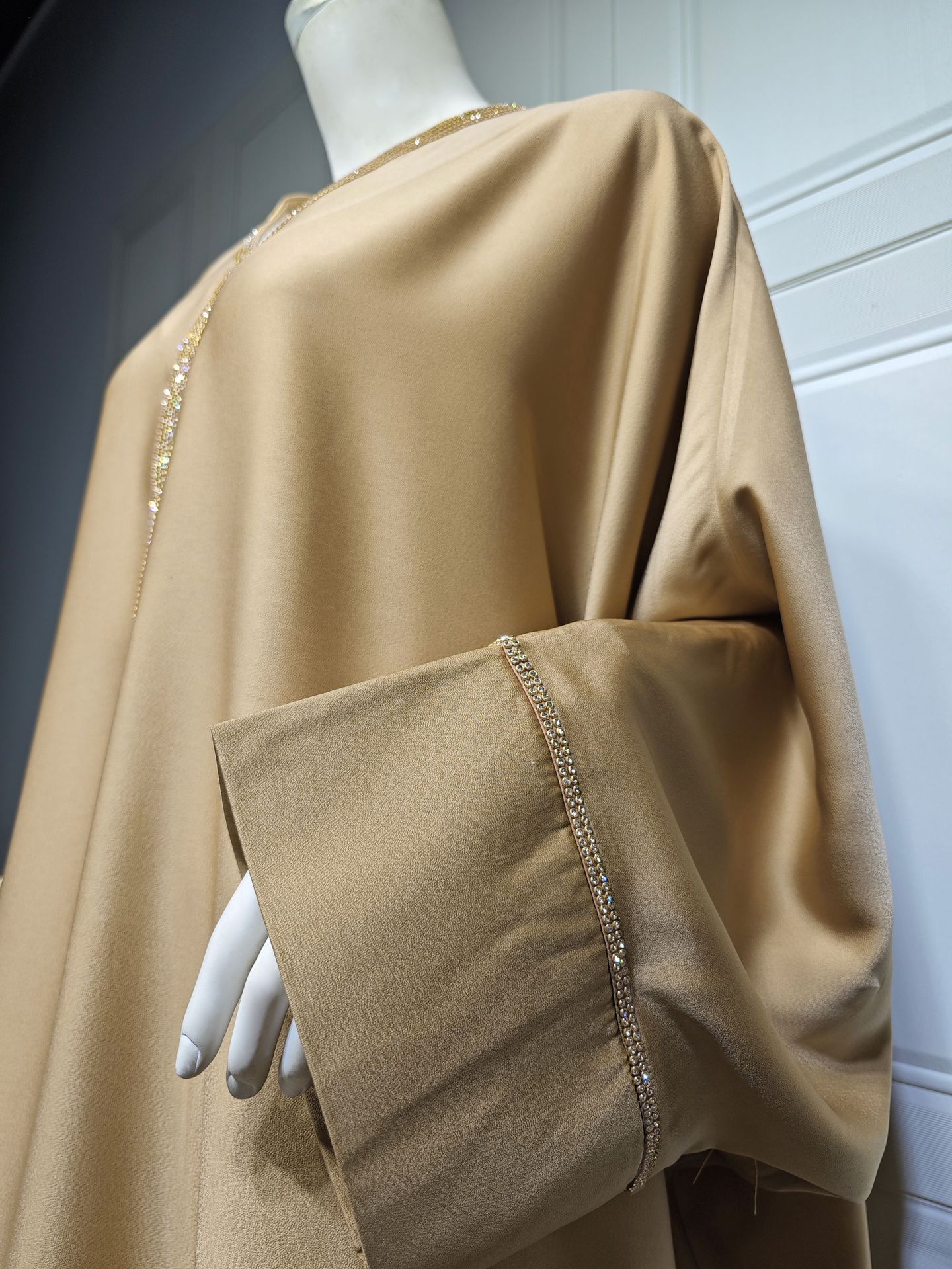 Muslim Long Dress Women Bat Sleeve Caftan Abaya Satin Robe Diamond Party Abayas Ramadan V Neck Kaftan Caftan Jalabiya - detail 6