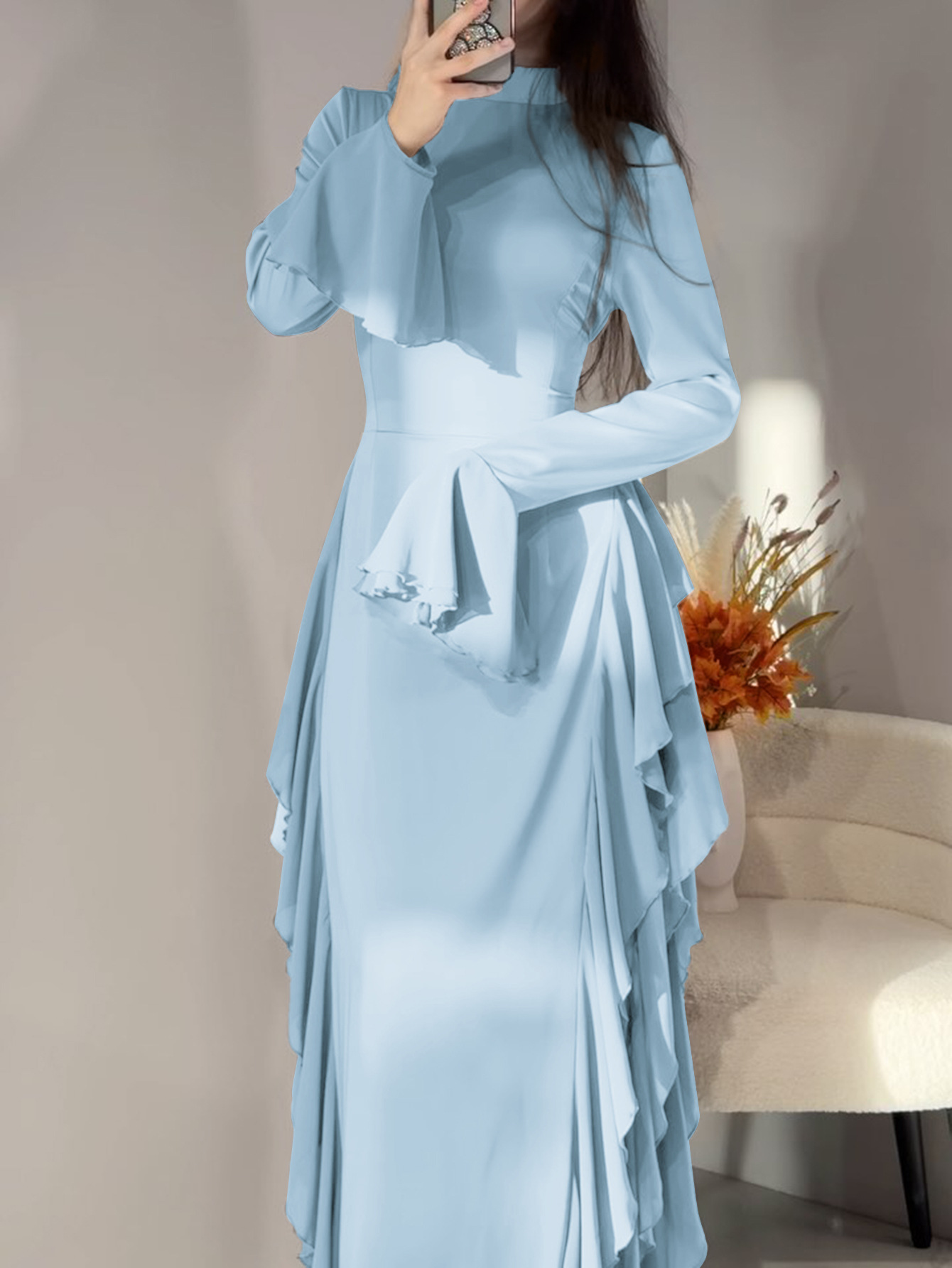 Elegant Midi Women's Dress Elegant Casual High Waisted Solid Color Design Flared Sleeves Dress - detail 1