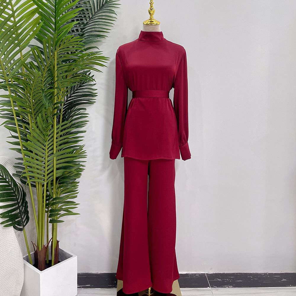 2 Piece Set Abayas Women Plain Satin Islamic Clothing Belted Tops+Long Pants Sets Muslim Dress Dubai Outfits - detail 8