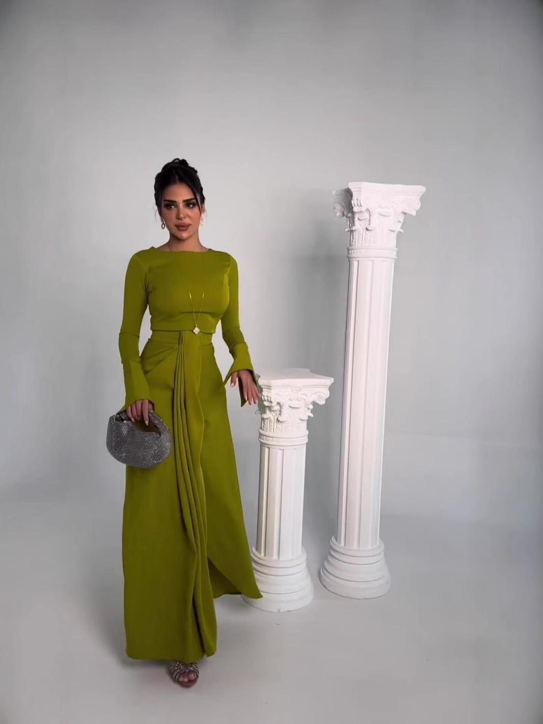 Casual Solid Prom Dress Elegant O Neck High Waist Pleated Commuter Dress New Autumn Fashion Flared Sleeve Split - detail 1