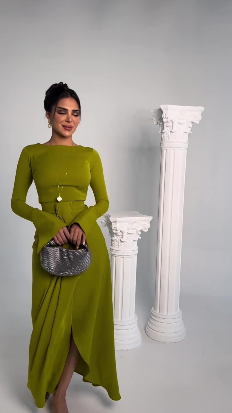 Casual Solid Prom Dress Elegant O Neck High Waist Pleated Commuter Dress New Autumn Fashion Flared Sleeve Split - detail 5