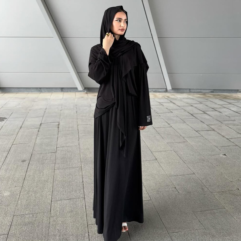 Elegant Modest Fashion Muslim Women Abaya Set Chic Headscarf & Long-Sleeve Dress Dubai Style - detail 1