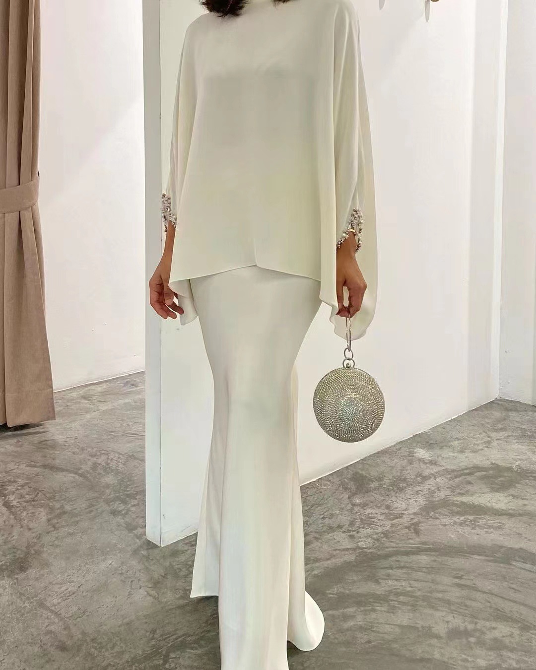 Elegant 2pcs Dress Women Muslim Abaya 2 Piece Sets Bat Sleeve Skirts Suits Pearl Dresses Vestido Eid Hijab Islam Clothin - detail 6