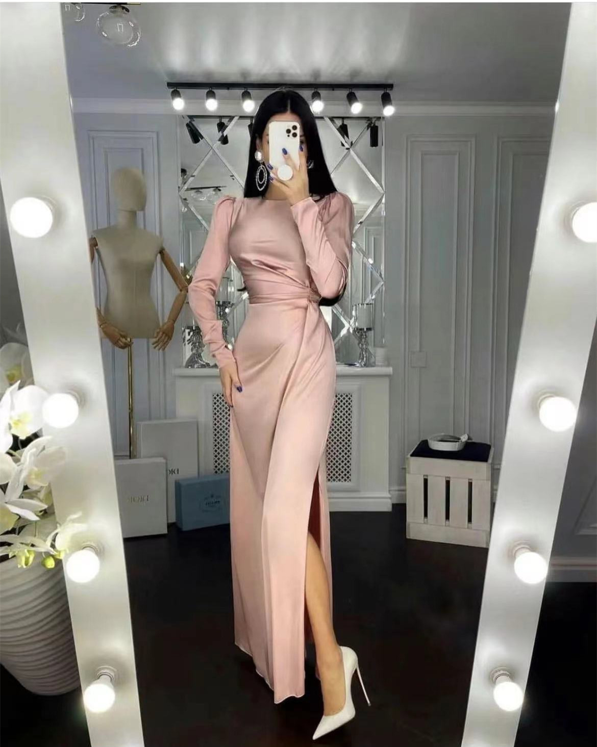 Women Sexy High Slit Satin Party Dress Office Fashion Boadycon Long Dresses Elegant O Neck Long Sleeve Solid Maxi Dress - detail 3