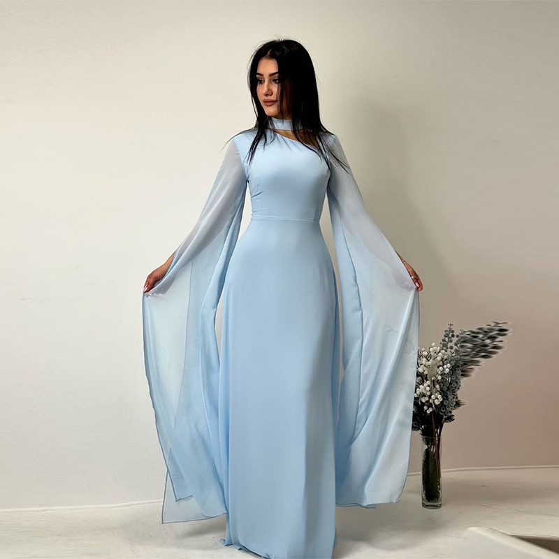 Spring Women's New Elegant Solid Color Waist Cinching Chiffon Big Batball Sleeve Dress Party Dinner Waist Cinching Dress - detail 7