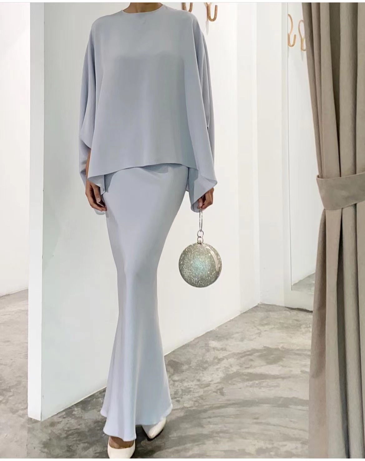 Elegant 2pcs Dress Women Muslim Abaya 2 Piece Sets Bat Sleeve Skirts Suits Pearl Dresses Vestido Eid Hijab Islam Clothin - detail 8