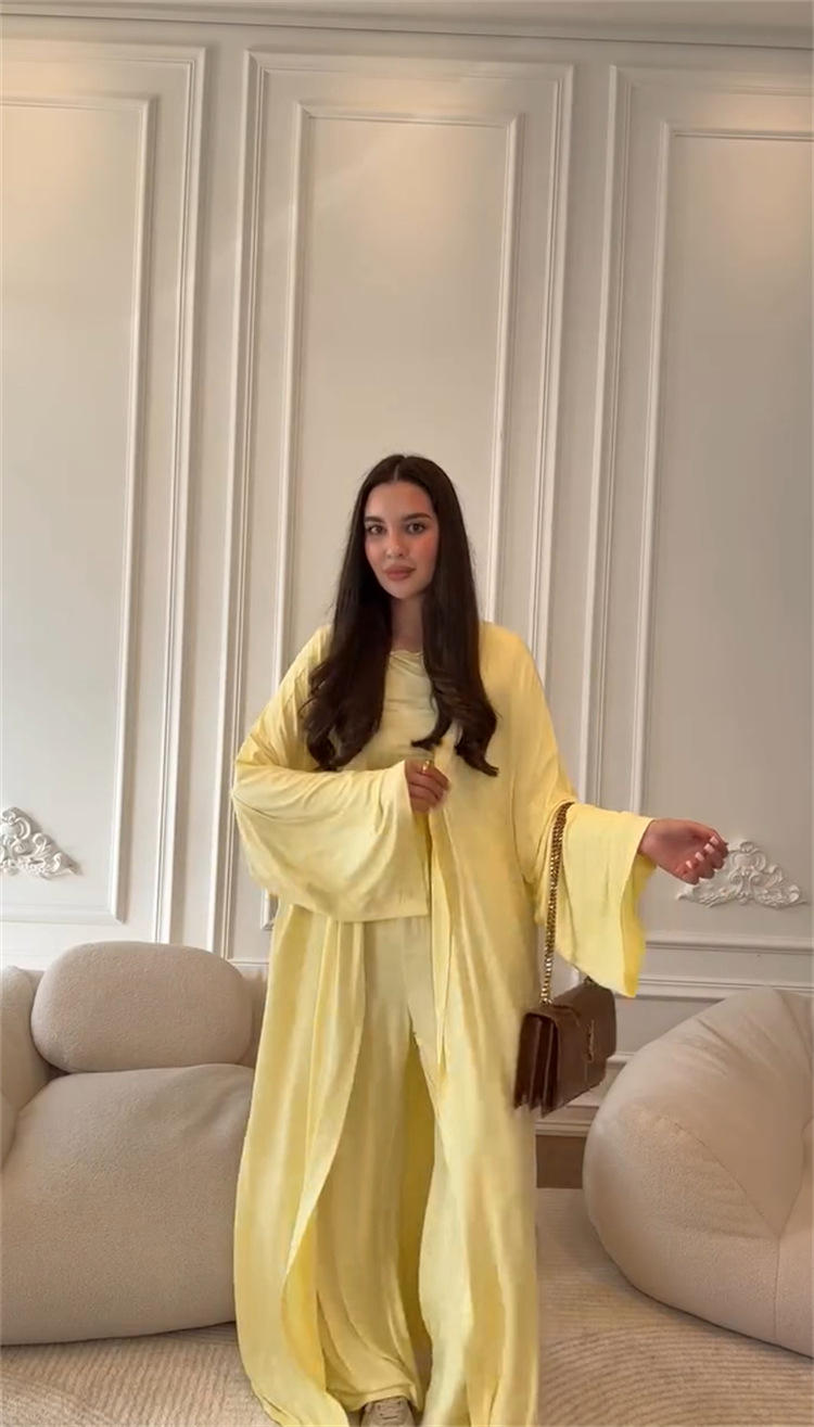 High Waist Wide Leg Pants Solid Color Long Sleeve Floor-Length Robe Round Neck Ladies' 3-Piece Set - detail 5