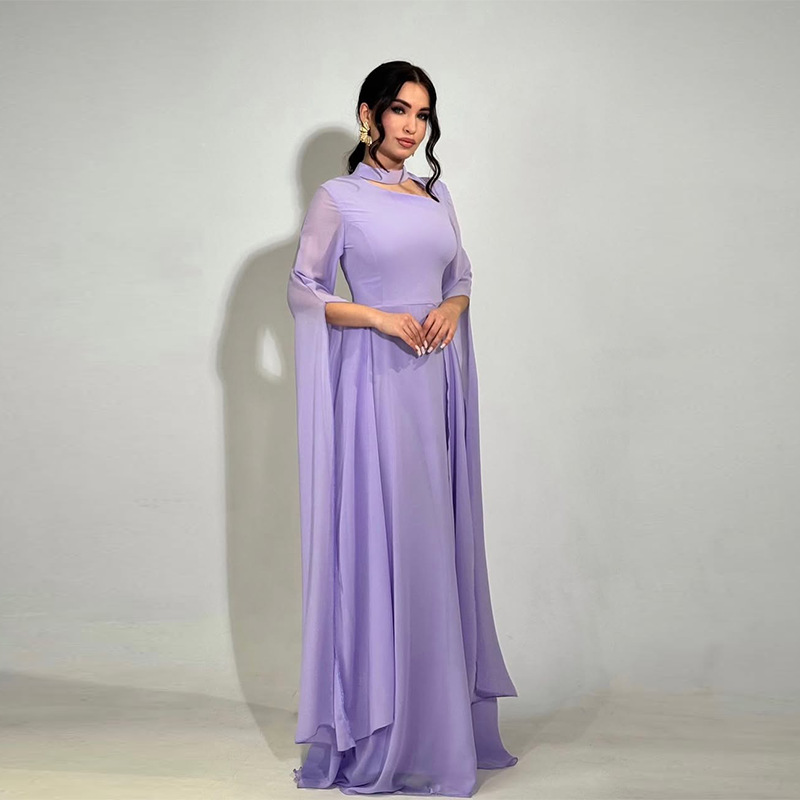 Spring Women's New Elegant Solid Color Waist Cinching Chiffon Big Batball Sleeve Dress Party Dinner Waist Cinching Dress - detail 3