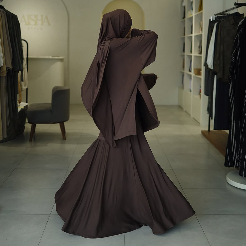 Muslim women's clothing new solid color long-sleeved top pleated long skirt suit - detail 10