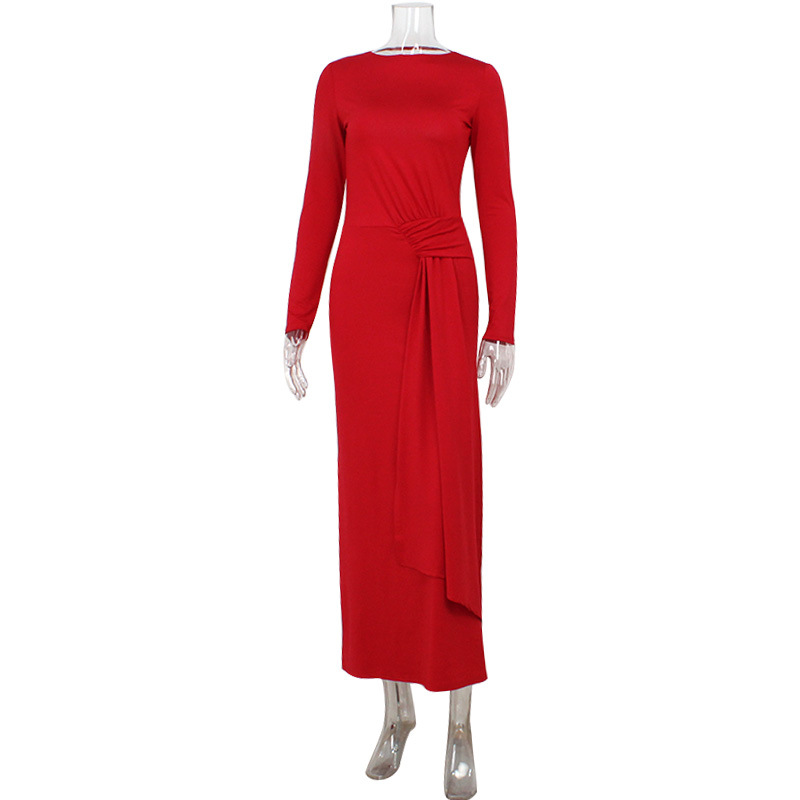 Fashion Women's Maxi Dresses Solid Blackless Sexy Sheath O-Neck Regular Long Sleeves Bodycon Female Party Vestidos Robes - detail 1