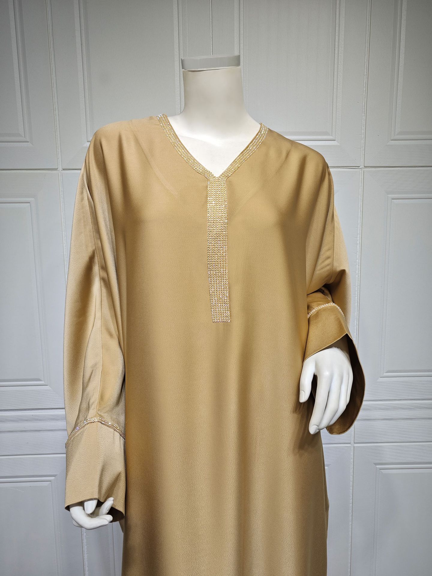 Muslim Long Dress Women Bat Sleeve Caftan Abaya Satin Robe Diamond Party Abayas Ramadan V Neck Kaftan Caftan Jalabiya - detail 2