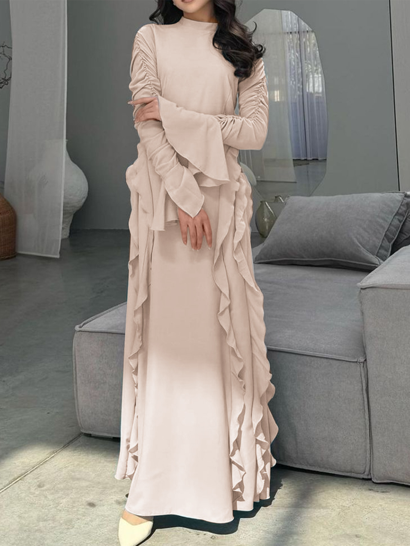 Elegant Midi Women's Dress Elegant Casual High Waisted Solid Color Design Flared Sleeves Dress - detail 8