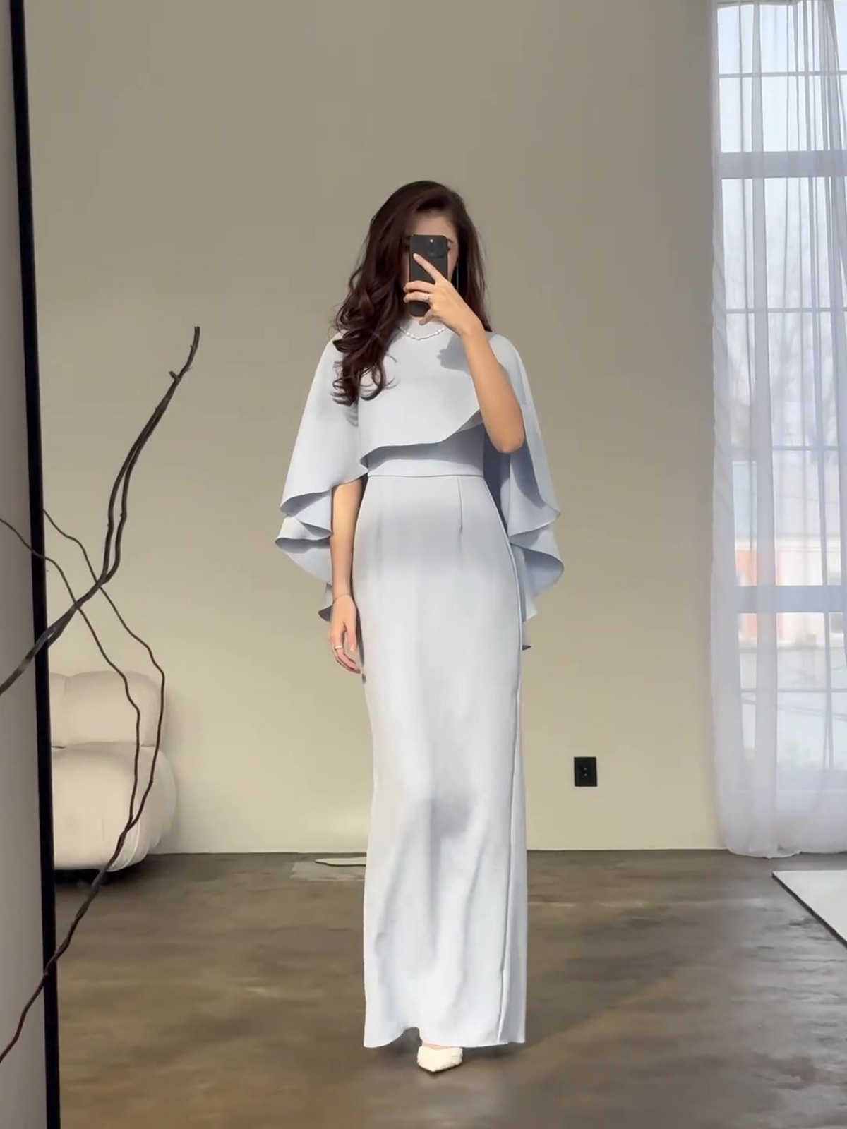 Dress Women Long Dresses Solid Color Slim Fit Tight Waist Round Collar Shawl Splice Elegant Female Vestidos - detail 1