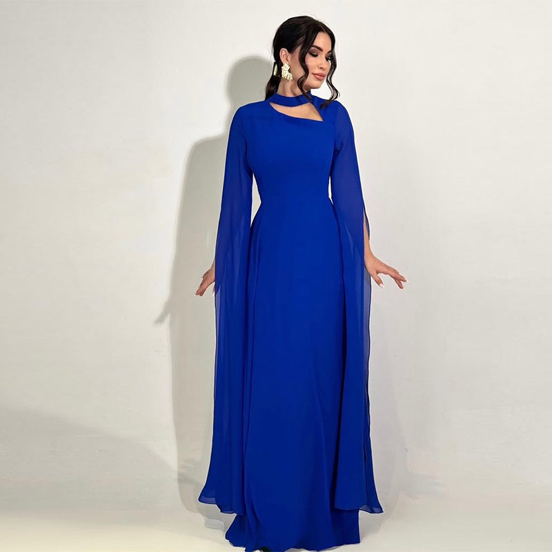 Spring Women's New Elegant Solid Color Waist Cinching Chiffon Big Batball Sleeve Dress Party Dinner Waist Cinching Dress - detail 2