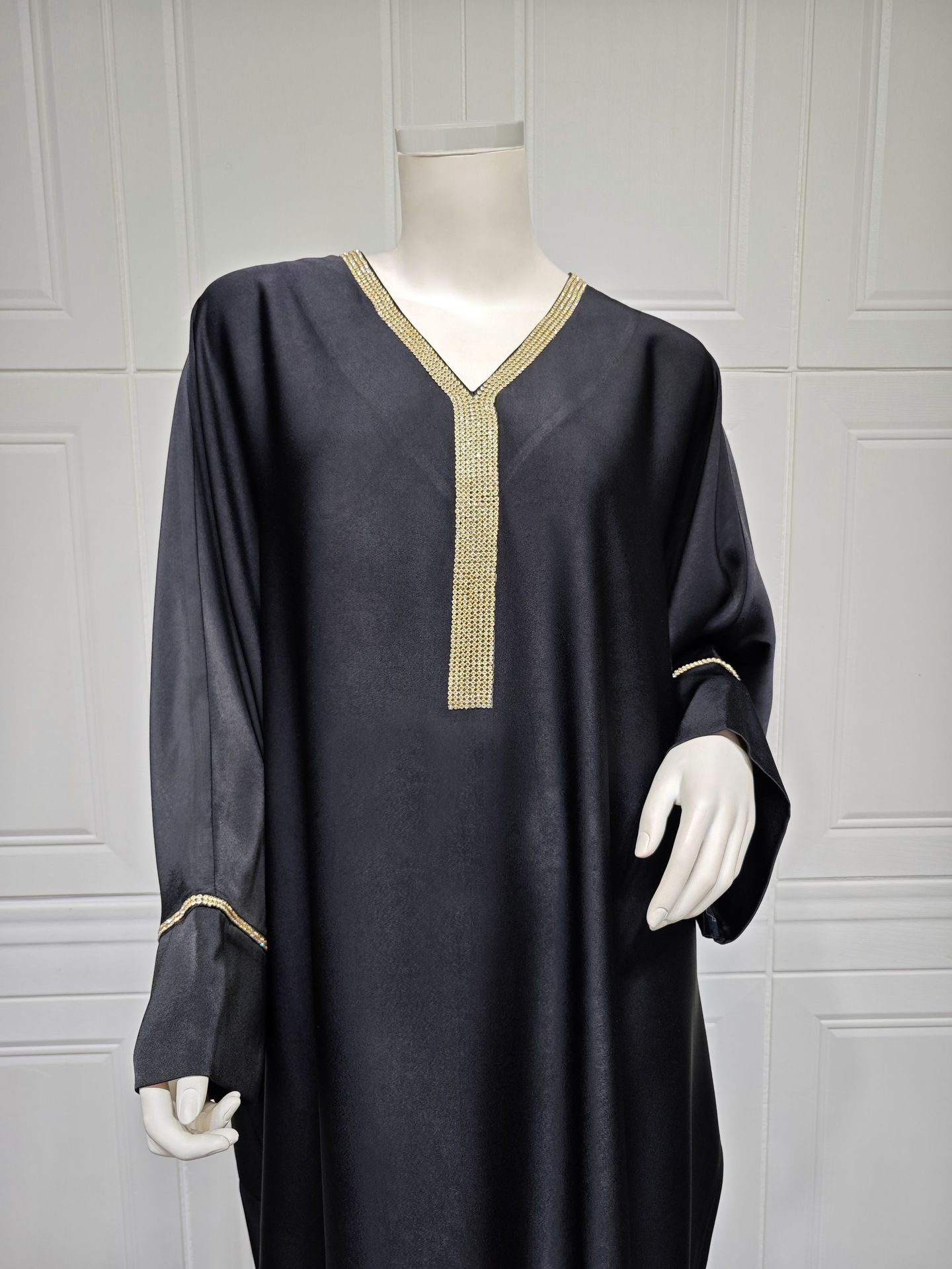 Muslim Long Dress Women Bat Sleeve Caftan Abaya Satin Robe Diamond Party Abayas Ramadan V Neck Kaftan Caftan Jalabiya - detail 8