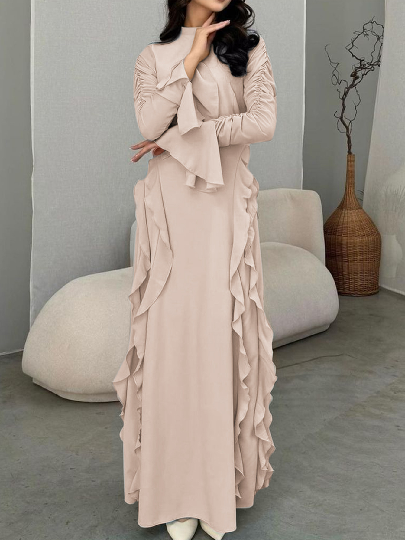 Elegant Midi Women's Dress Elegant Casual High Waisted Solid Color Design Flared Sleeves Dress - detail 9