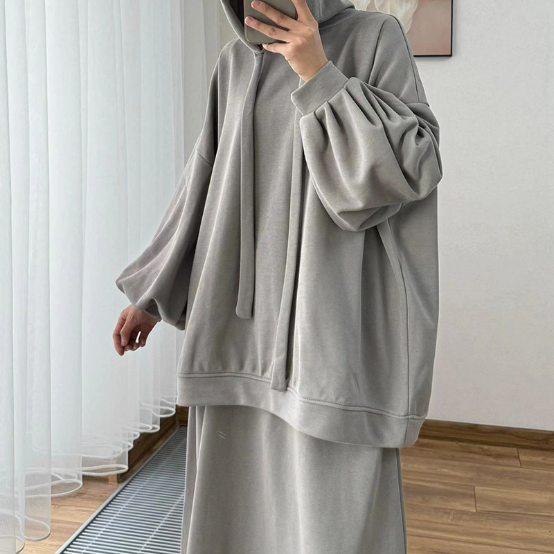 Arab Women's Set Two Pieces Suit Long Sleeve Hooded Tops Loose High Waist Skirt with Pocket Dubai Casual Clothing - detail 7