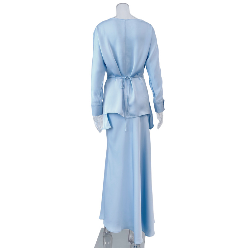 Fashion Long Sleeve Two Piece Outfits Casual Satin Women's Set Elegant Lace-up Blouse Top and Long Skirt Suit - detail 3