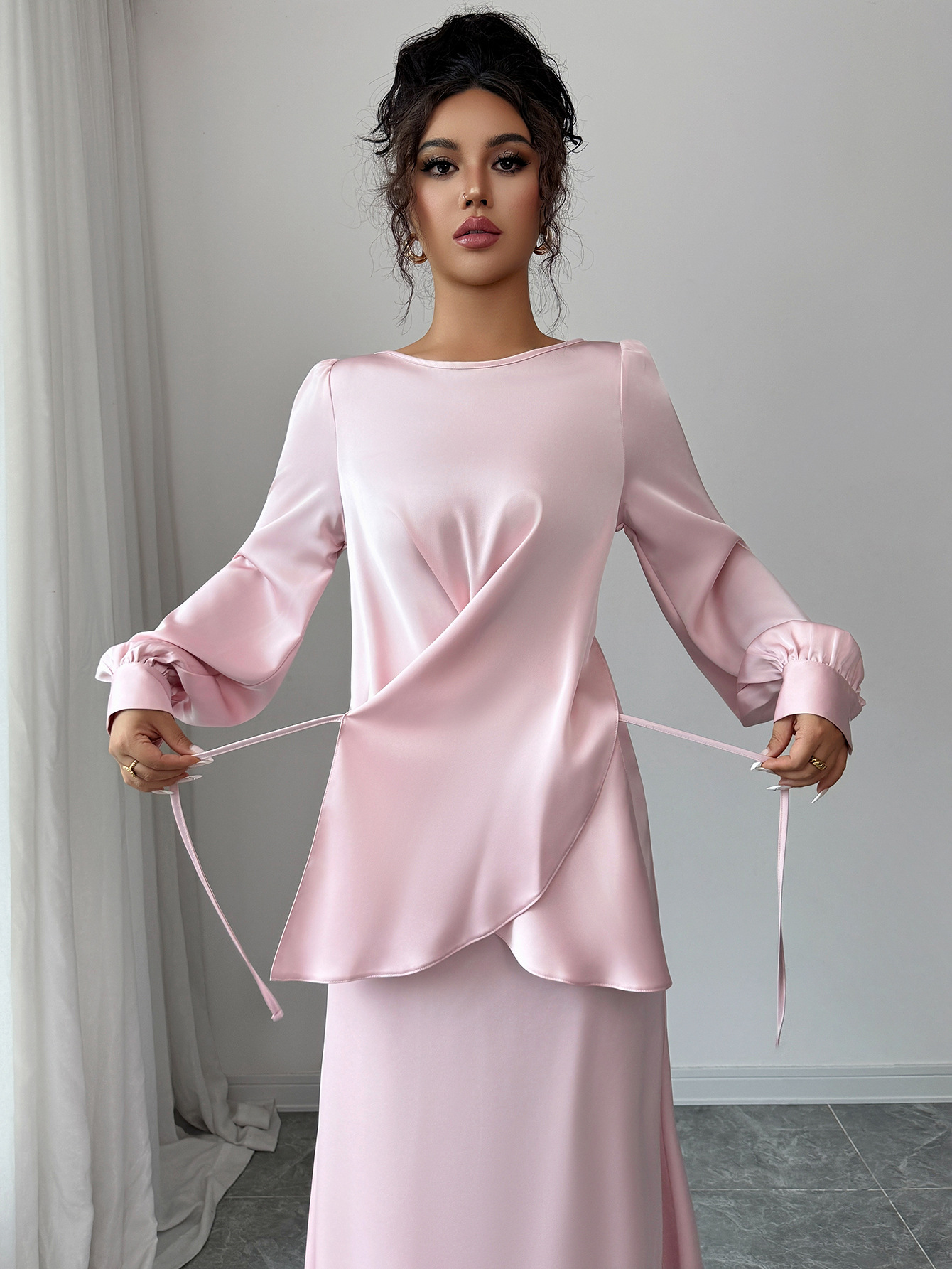 Elegant Satins Outfit Women Long Sleeved Lace Up Top+High Waist Loose Straight Bust Skirt Female Two Piece Set - detail 5