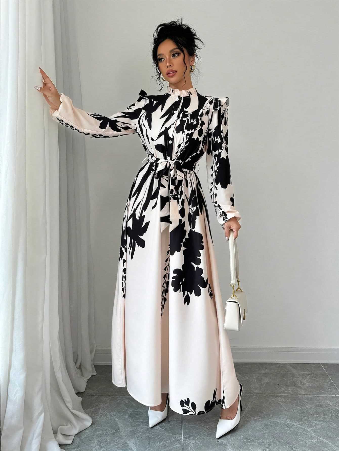 Women's Floral Waist-Cinching Long Sleeve A-Line Dress With Front Button Waist-Cinching Print Elegant Long Dress - detail 4