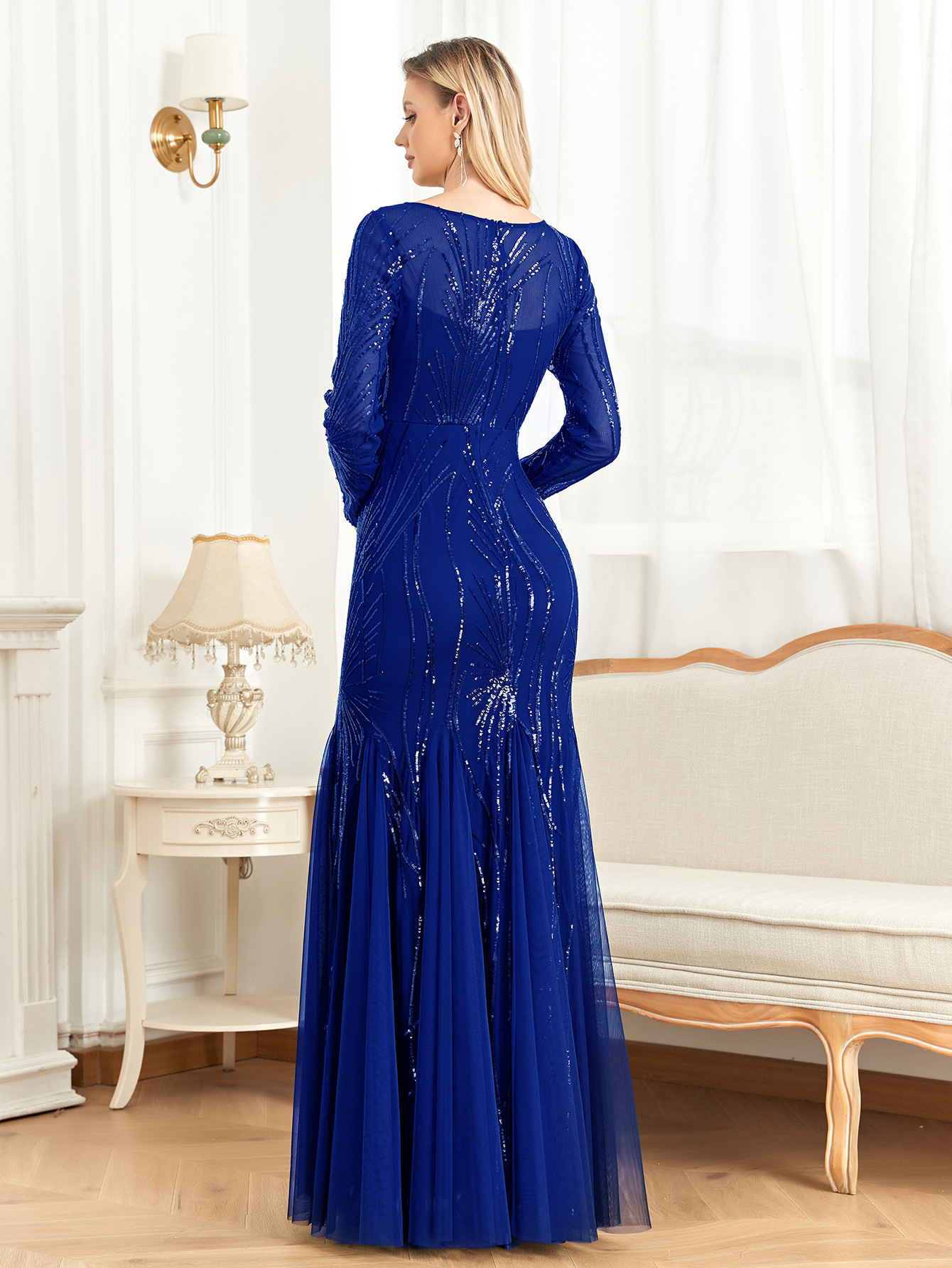 Elegant Long Sleeves Sequin Tulle Evening Dresses Women Luxury Mermaid Formal Bridesmaid Party Maxi Prom Dress - detail 9
