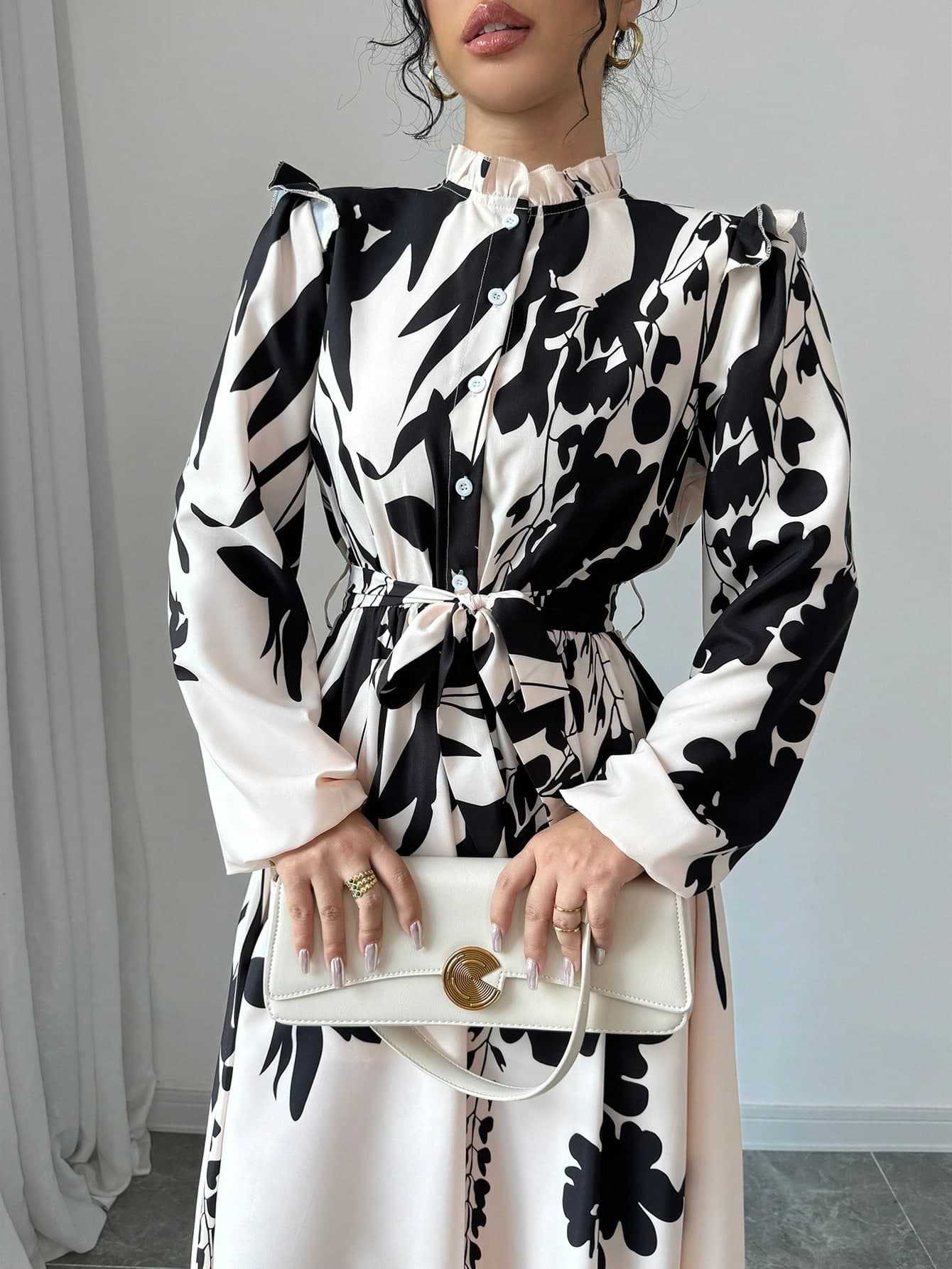Women's Floral Waist-Cinching Long Sleeve A-Line Dress With Front Button Waist-Cinching Print Elegant Long Dress - detail 3