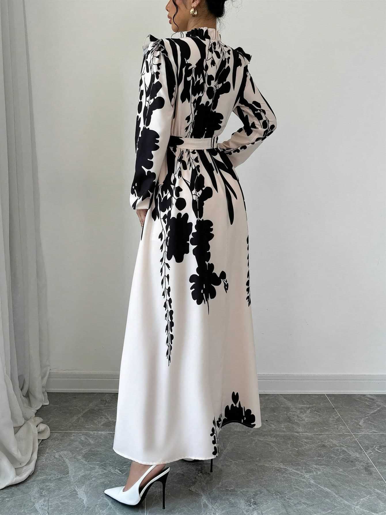 Women's Floral Waist-Cinching Long Sleeve A-Line Dress With Front Button Waist-Cinching Print Elegant Long Dress - detail 2