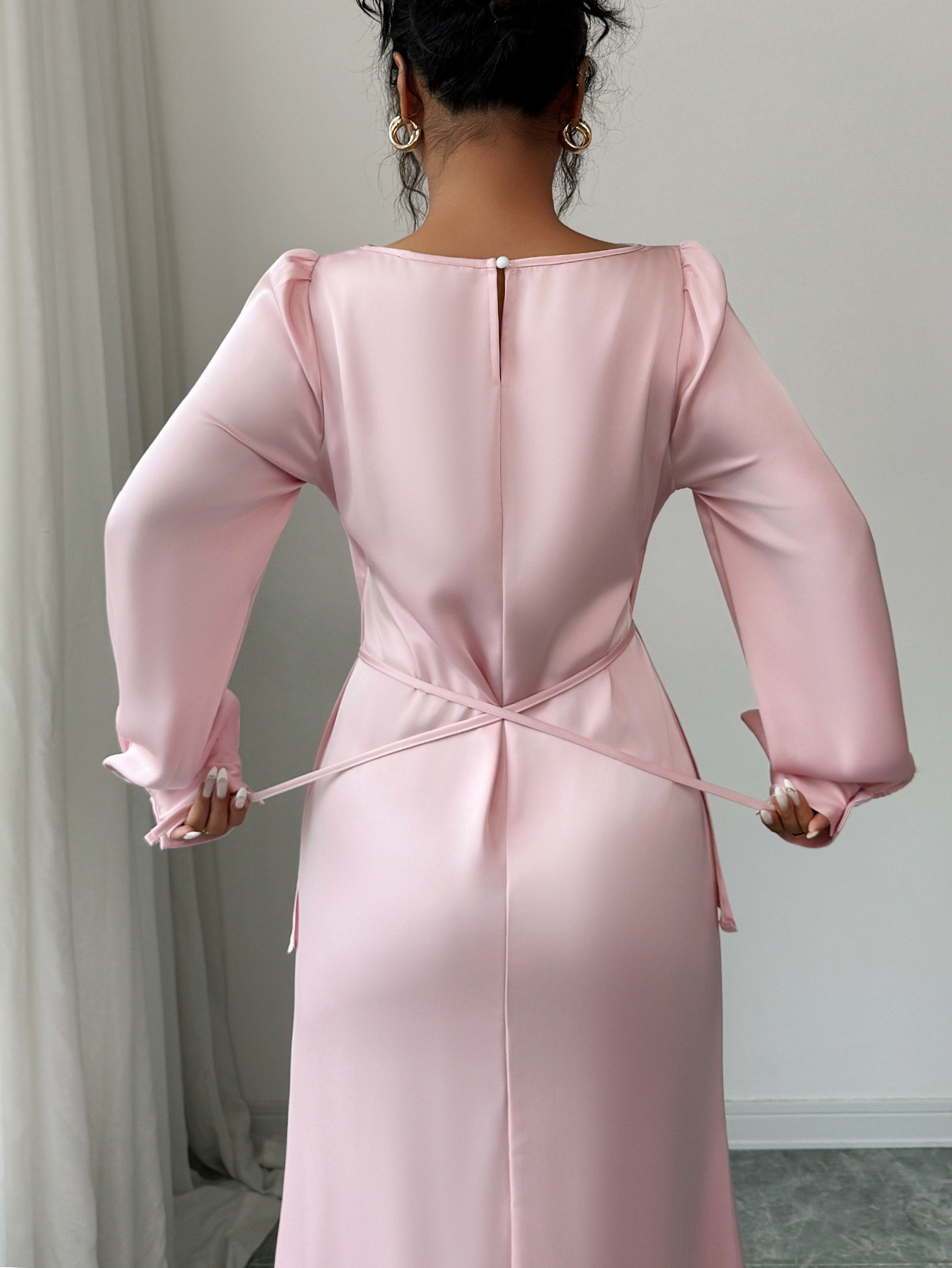 Elegant Satins Outfit Women Long Sleeved Lace Up Top+High Waist Loose Straight Bust Skirt Female Two Piece Set - detail 2