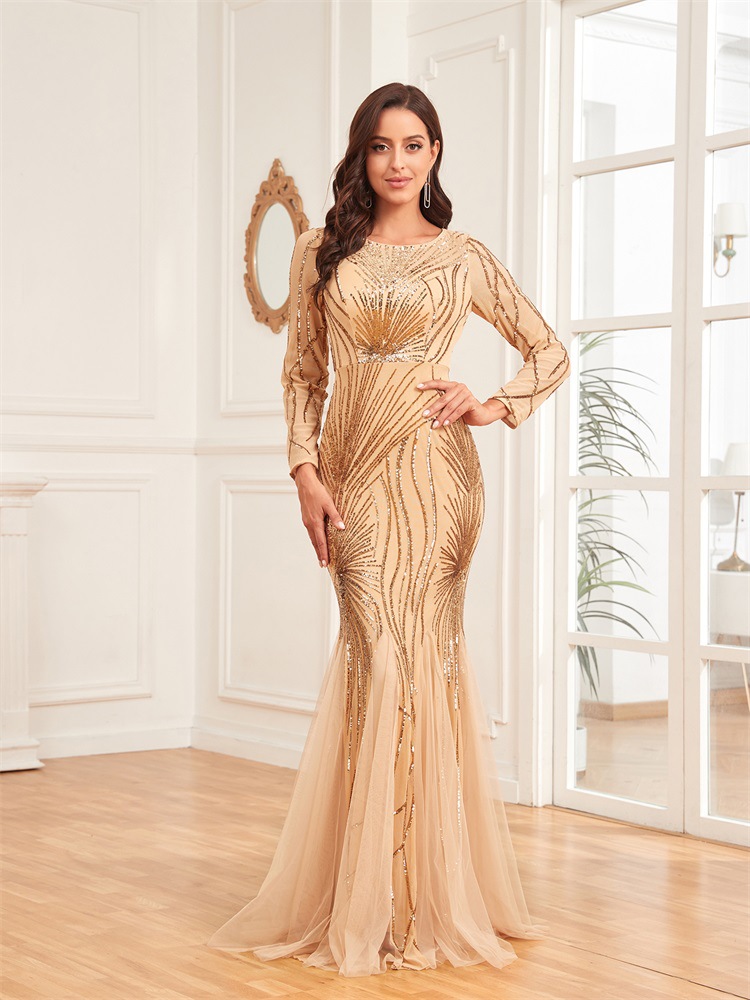 Elegant Long Sleeves Sequin Tulle Evening Dresses Women Luxury Mermaid Formal Bridesmaid Party Maxi Prom Dress - detail 11