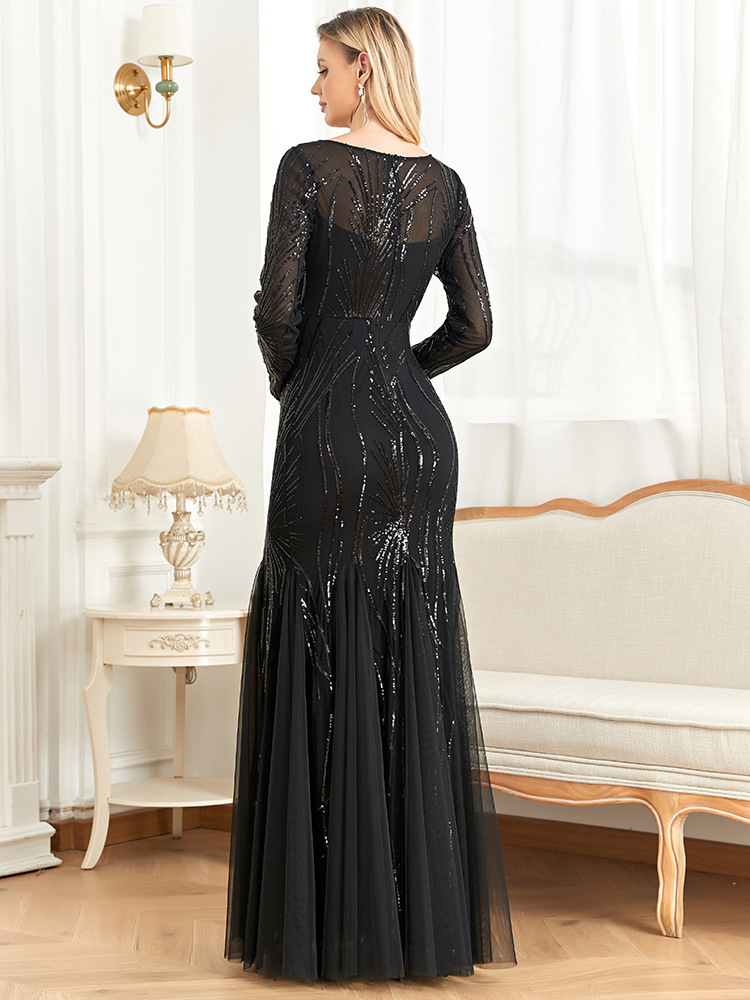 Elegant Long Sleeves Sequin Tulle Evening Dresses Women Luxury Mermaid Formal Bridesmaid Party Maxi Prom Dress - detail 3