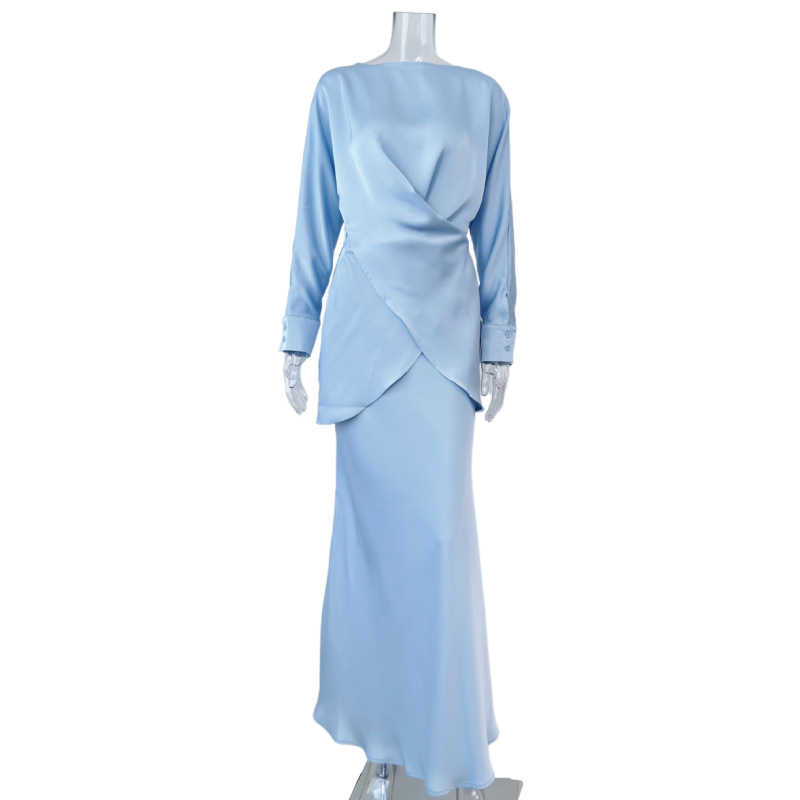 Fashion Long Sleeve Two Piece Outfits Casual Satin Women's Set Elegant Lace-up Blouse Top and Long Skirt Suit - detail 2