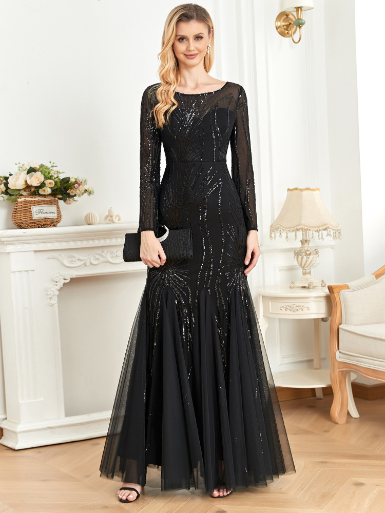 Elegant Long Sleeves Sequin Tulle Evening Dresses Women Luxury Mermaid Formal Bridesmaid Party Maxi Prom Dress - detail 7