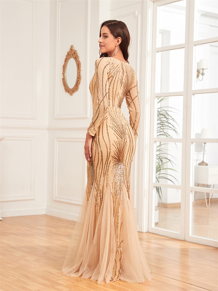 Elegant Long Sleeves Sequin Tulle Evening Dresses Women Luxury Mermaid Formal Bridesmaid Party Maxi Prom Dress - detail 12
