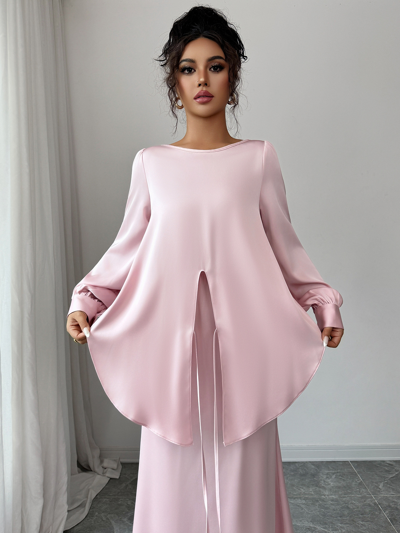 Elegant Satins Outfit Women Long Sleeved Lace Up Top+High Waist Loose Straight Bust Skirt Female Two Piece Set - detail 3