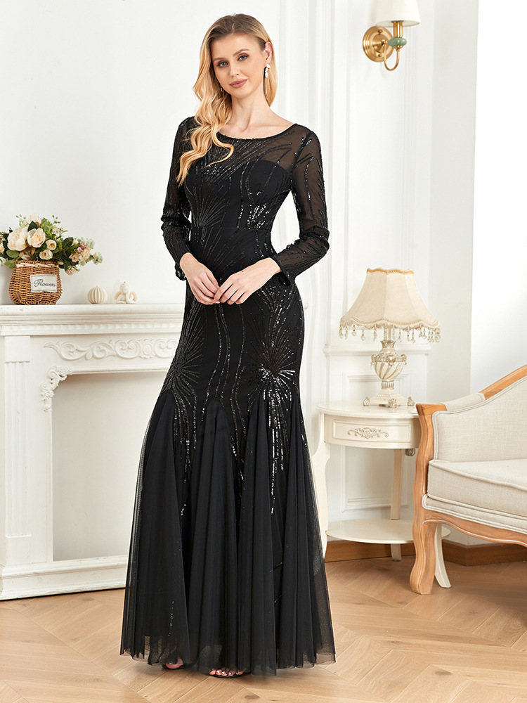 Elegant Long Sleeves Sequin Tulle Evening Dresses Women Luxury Mermaid Formal Bridesmaid Party Maxi Prom Dress - detail 5