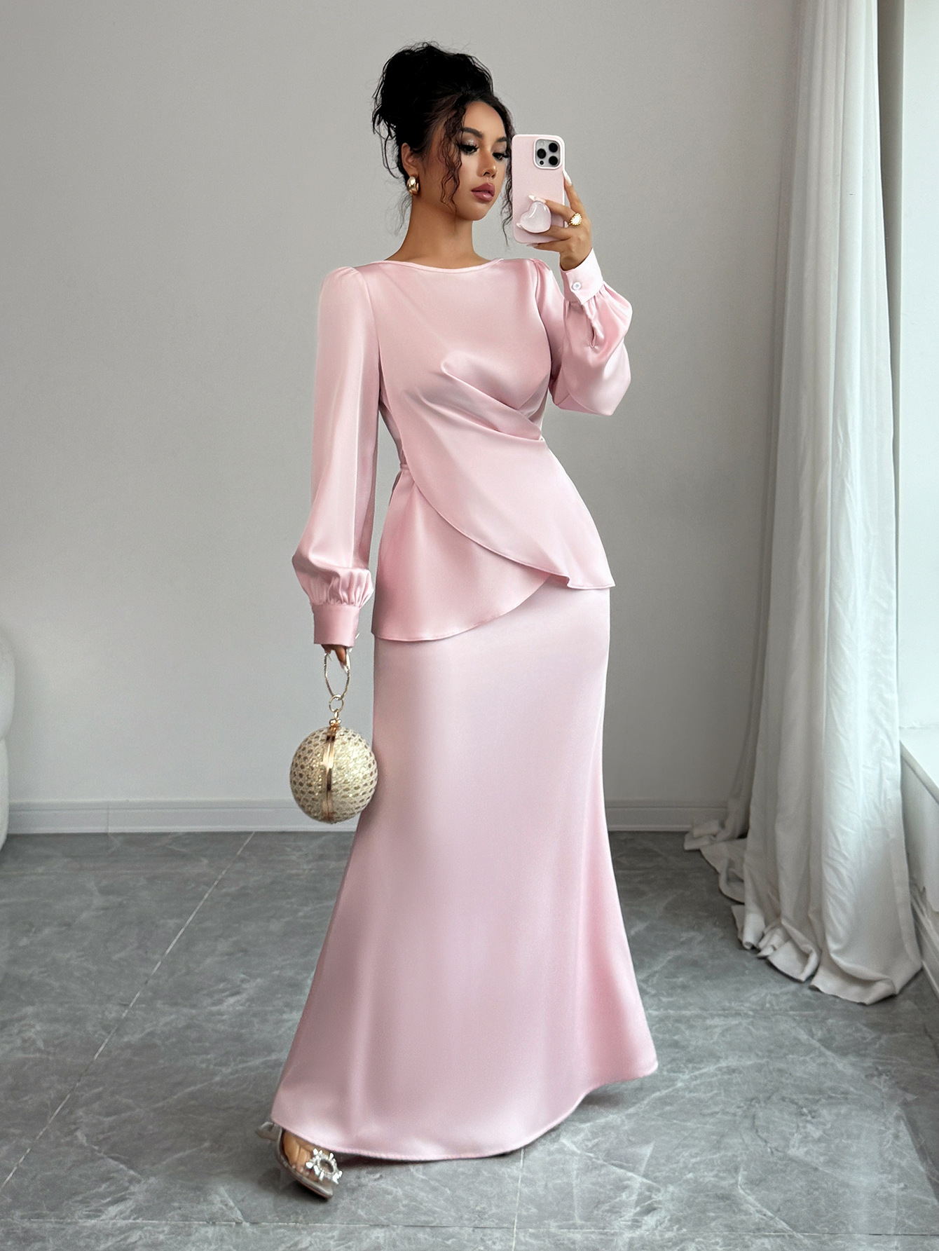 Elegant Satins Outfit Women Long Sleeved Lace Up Top+High Waist Loose Straight Bust Skirt Female Two Piece Set - detail 4
