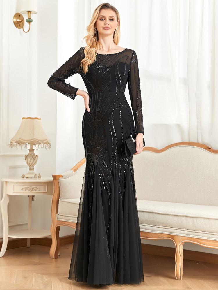Elegant Long Sleeves Sequin Tulle Evening Dresses Women Luxury Mermaid Formal Bridesmaid Party Maxi Prom Dress - detail 6
