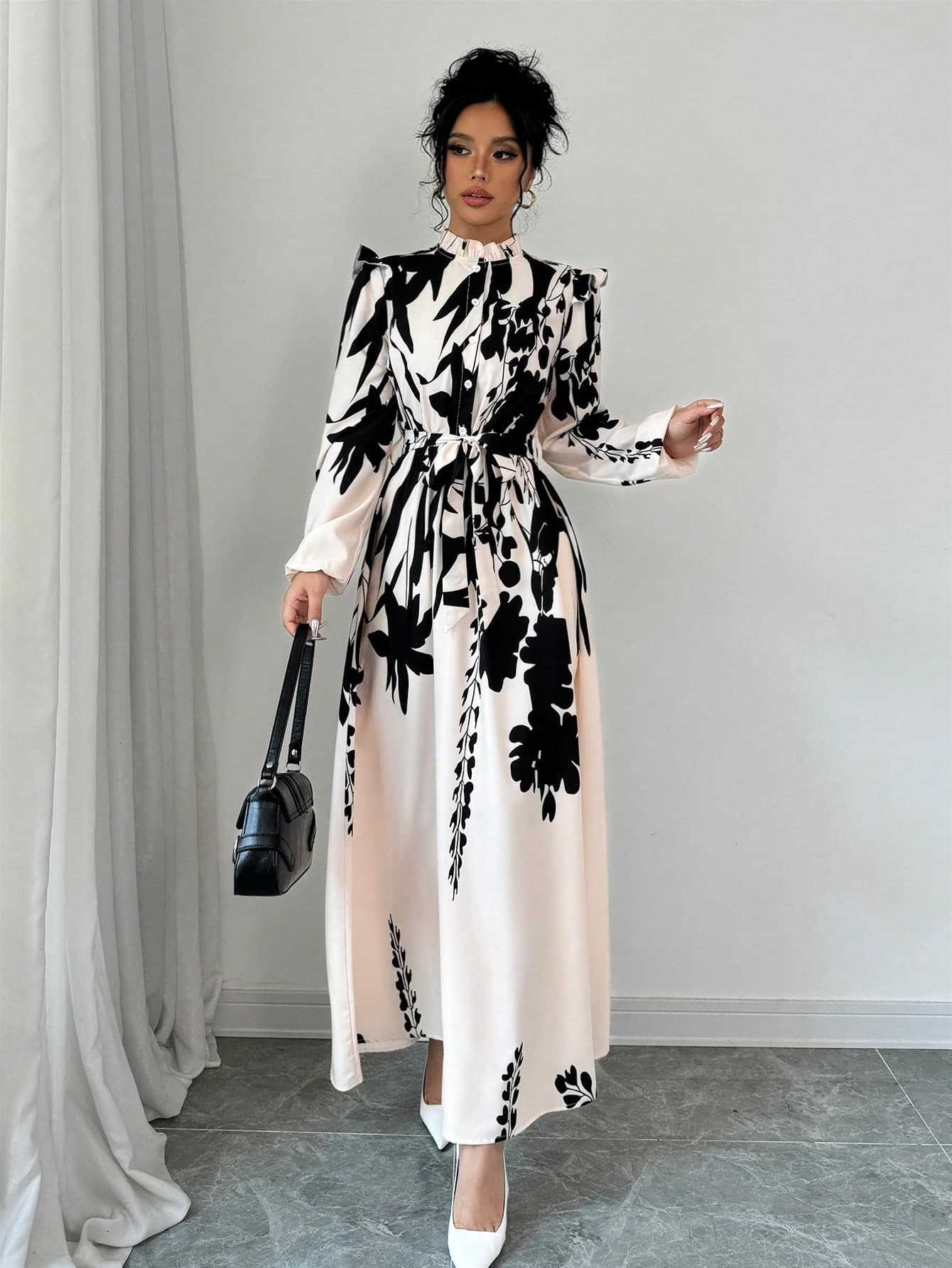 Women's Floral Waist-Cinching Long Sleeve A-Line Dress With Front Button Waist-Cinching Print Elegant Long Dress - detail 1