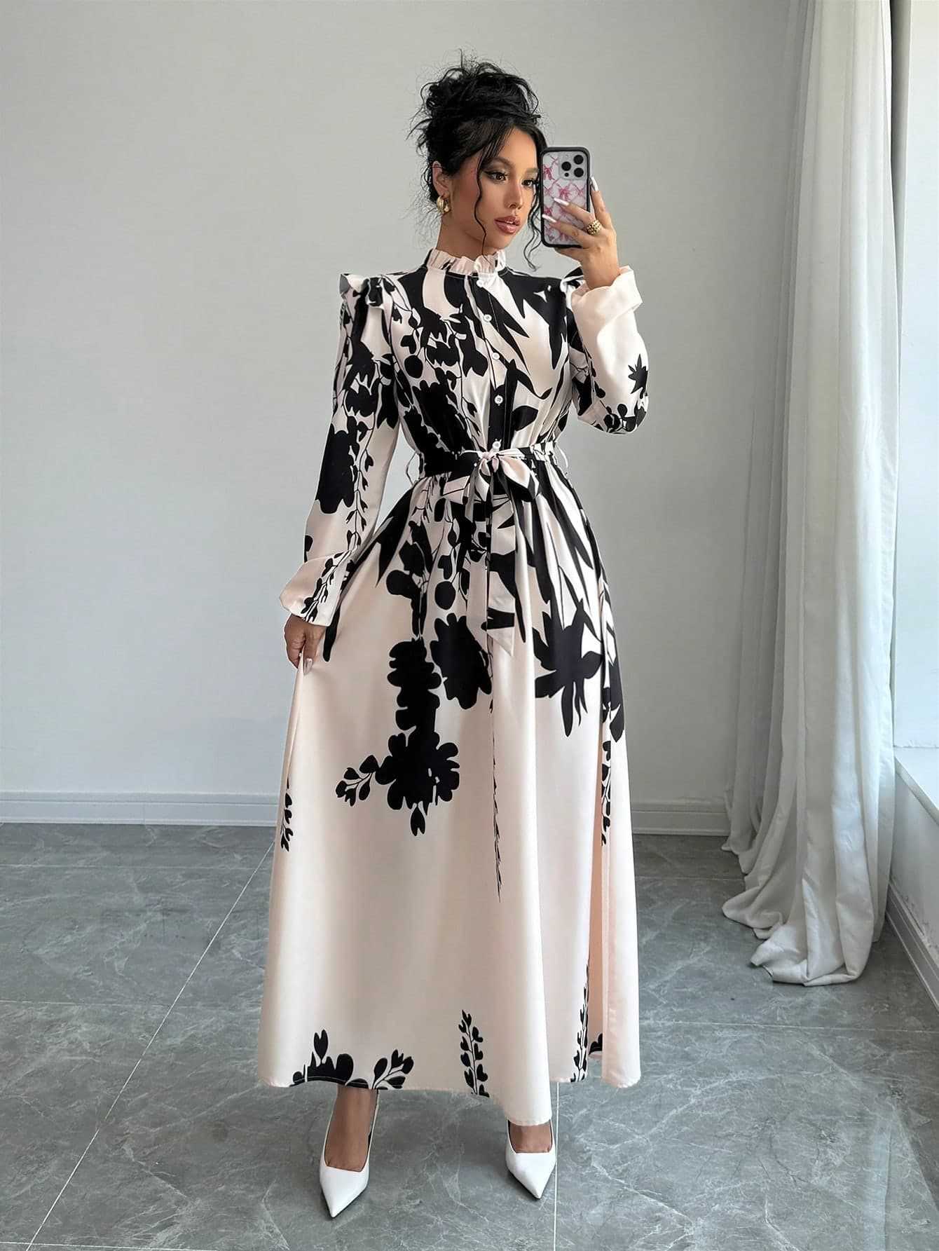 Women's Floral Waist-Cinching Long Sleeve A-Line Dress With Front Button Waist-Cinching Print Elegant Long Dress - detail 5