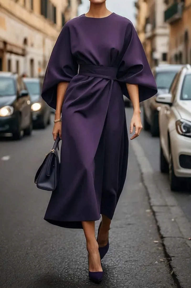 Spring Fashion Solid Color Long Dresses Woman Sexy Round Neck Bat Sleeve High Waist Dress Elegant Commuting Lady Dr - detail 7
