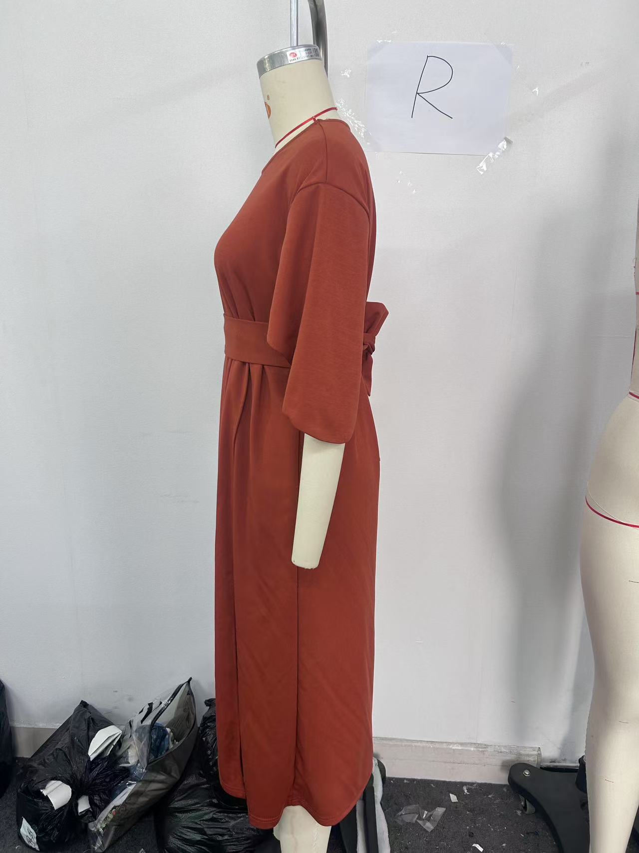 Spring Fashion Solid Color Long Dresses Woman Sexy Round Neck Bat Sleeve High Waist Dress Elegant Commuting Lady Dr - detail 11