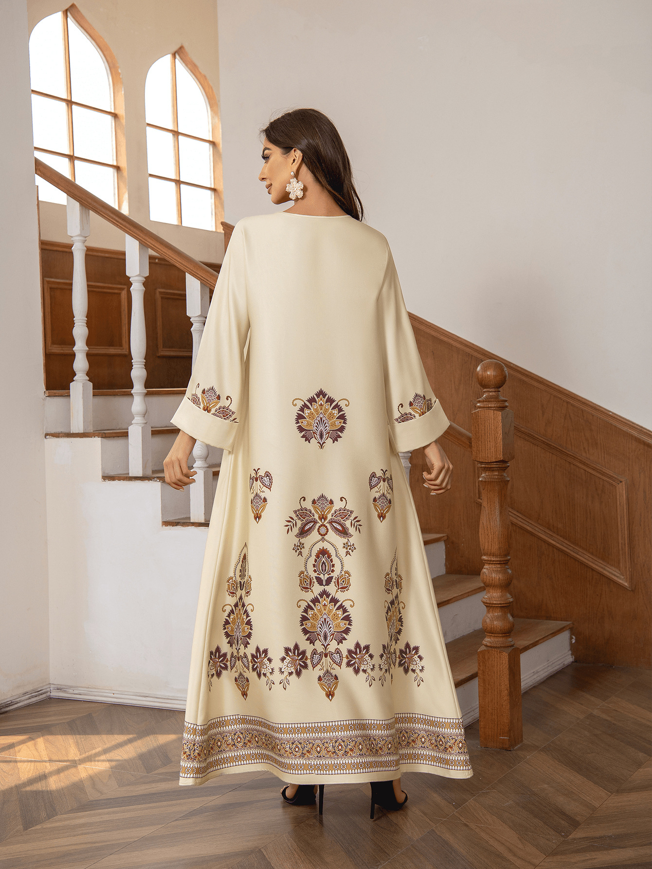 New Robe Muslim Dress Women's Round Neck Long Sleeve Retro Printed Hot Diamond Nail Bead Loose A-line Robe Spring Summer - detail 8