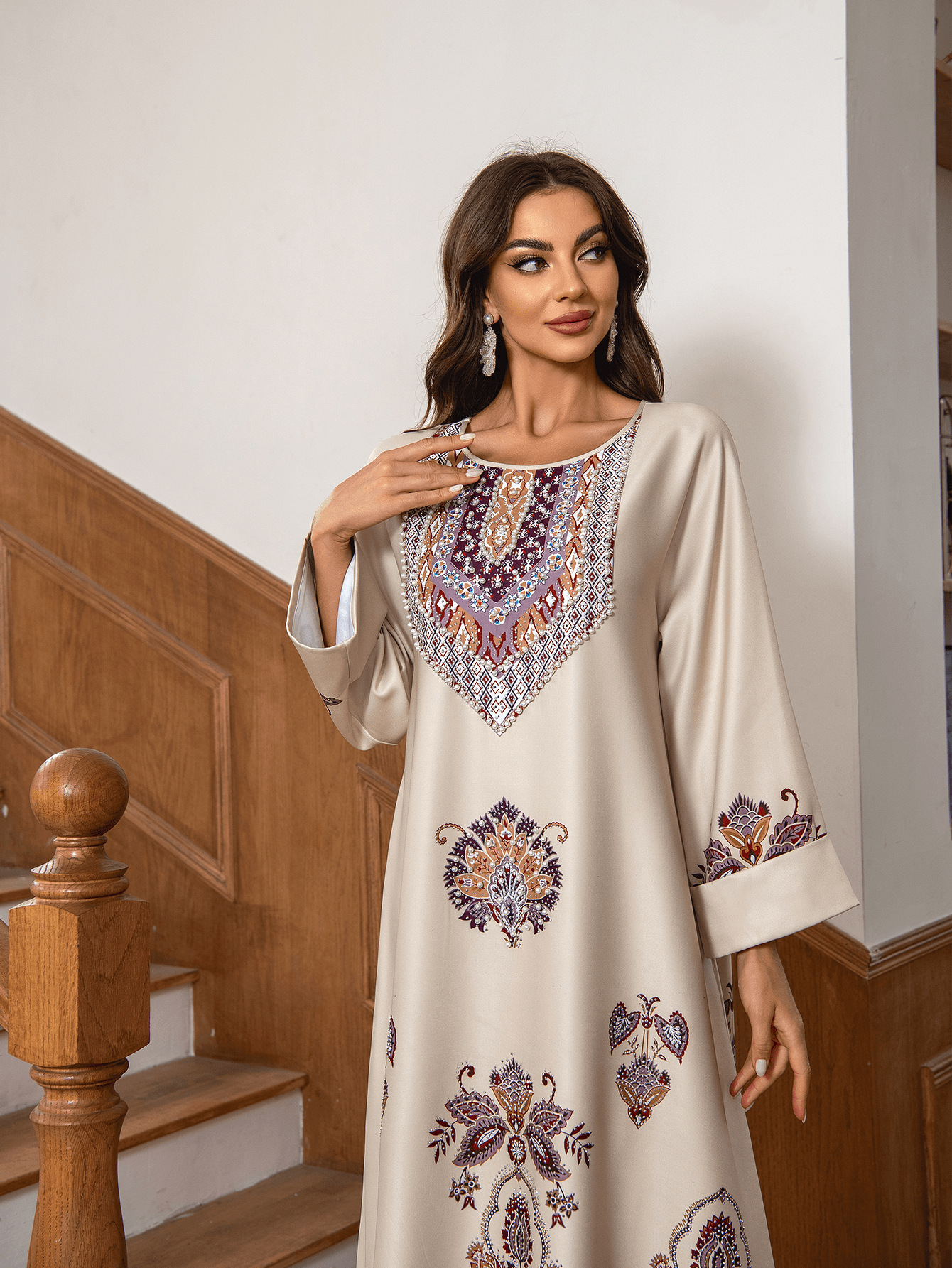 New Robe Muslim Dress Women's Round Neck Long Sleeve Retro Printed Hot Diamond Nail Bead Loose A-line Robe Spring Summer - detail 10
