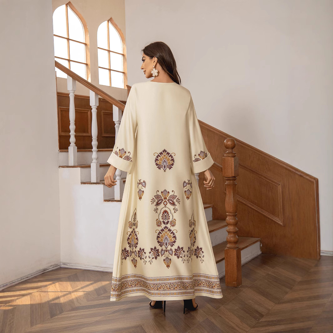 New Robe Muslim Dress Women's Round Neck Long Sleeve Retro Printed Hot Diamond Nail Bead Loose A-line Robe Spring Summer - detail 5