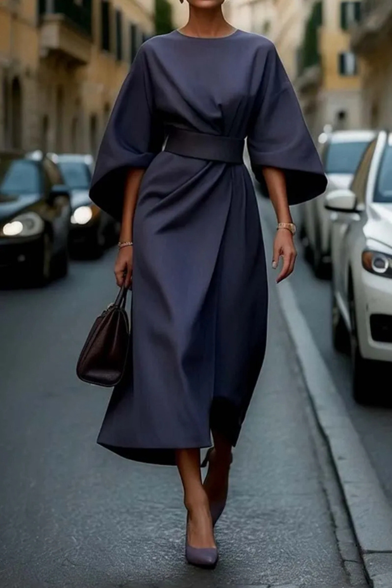 Spring Fashion Solid Color Long Dresses Woman Sexy Round Neck Bat Sleeve High Waist Dress Elegant Commuting Lady Dr - detail 4