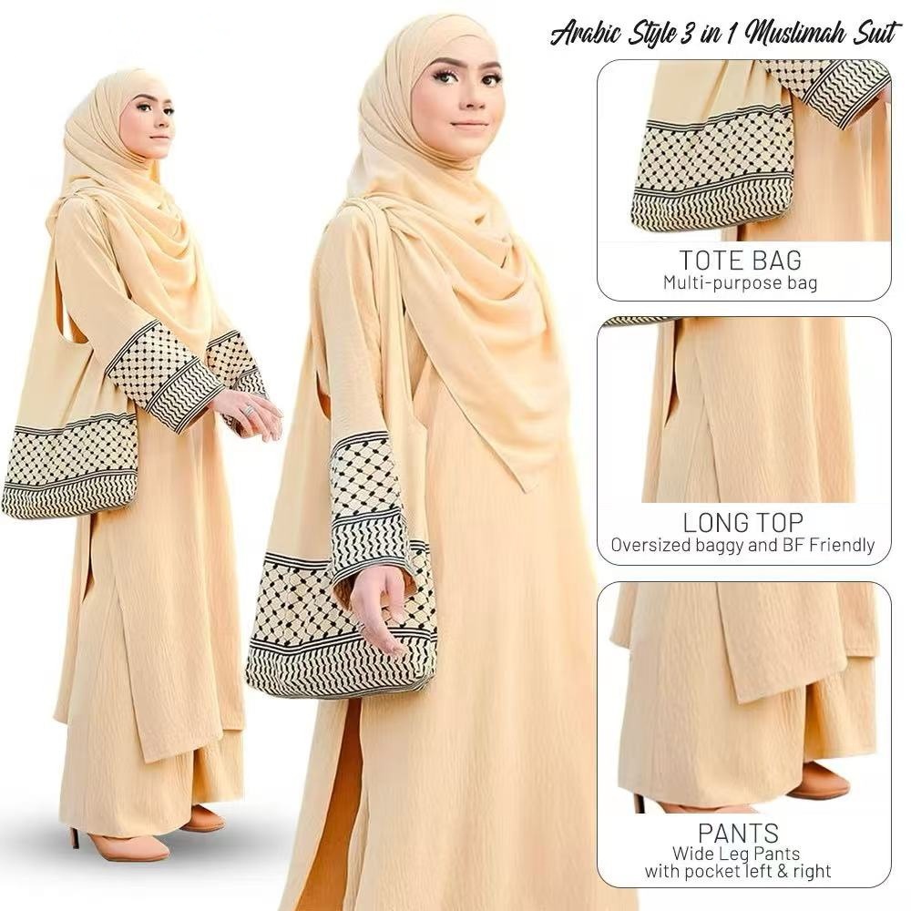 New Three Piece Bag Muslim Solid Color Cotton Hemp Wrinkle Fashion Loose Large Robe Ramadan Dubai Luxury Islam Eleg - detail 7