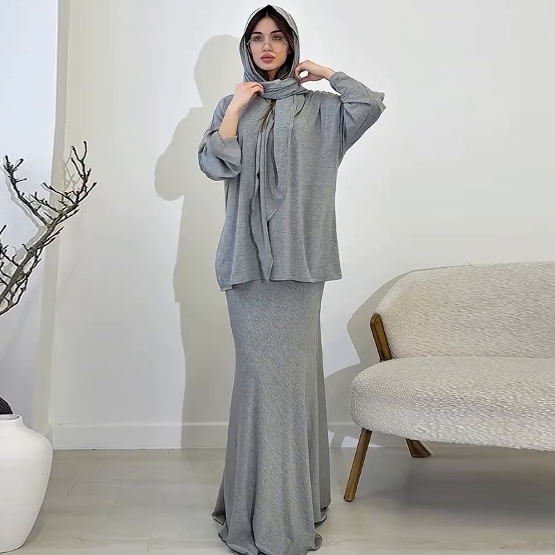 Muslim Women Swag Abaya Women Muslim Fashion headscarf long-sleeved skirt Abaya Dubai Muslimah Ensembles 2 Piece Set - detail 6